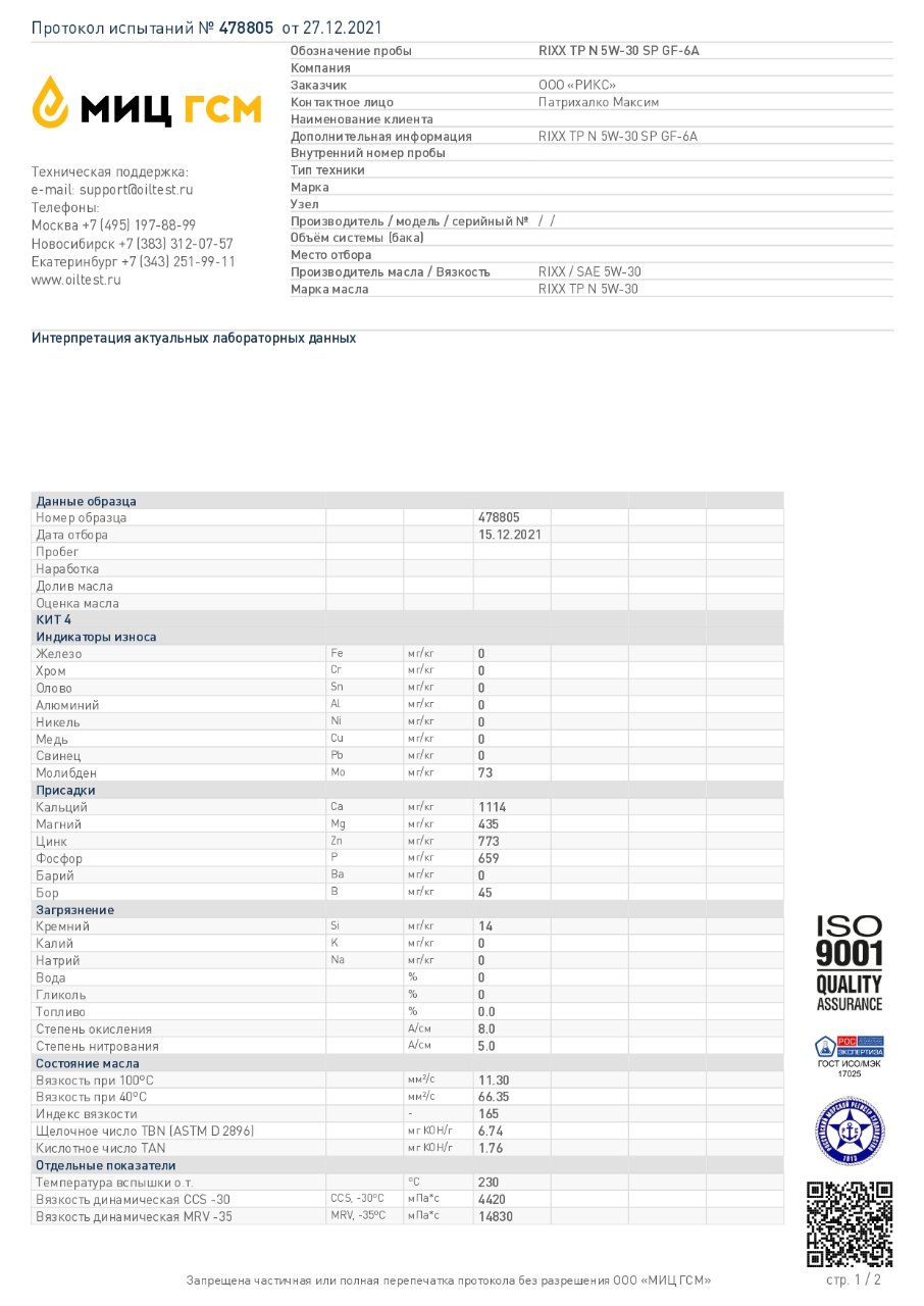 Анализ RIXX SAE 5W-30 API SP ILSAC GF-6 от МИЦ ГСМ - 1