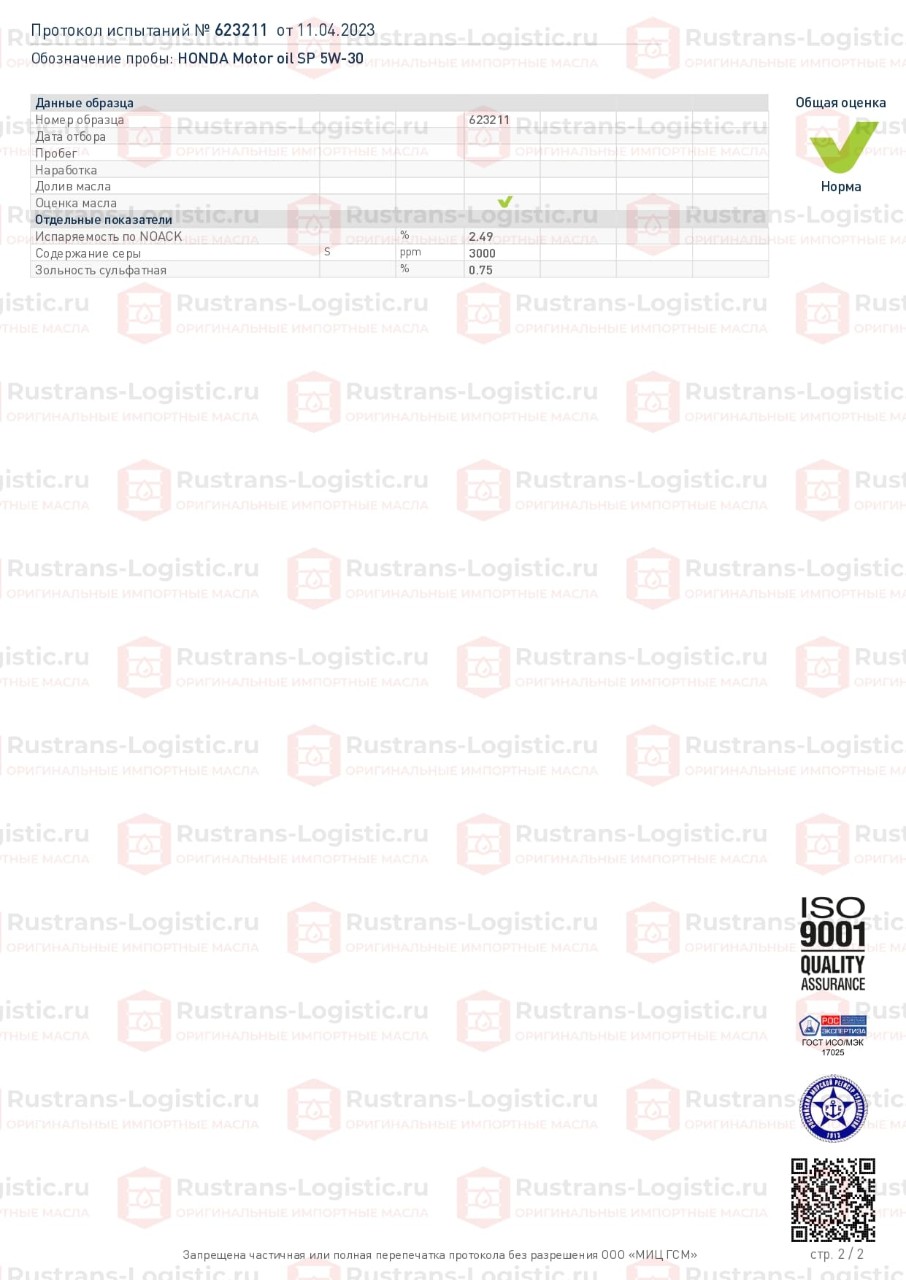 МИЦ ГСМ. г. Москва. Протокол испытаний HONDA Motor Oil SP 5W-30_page-0002.jpg