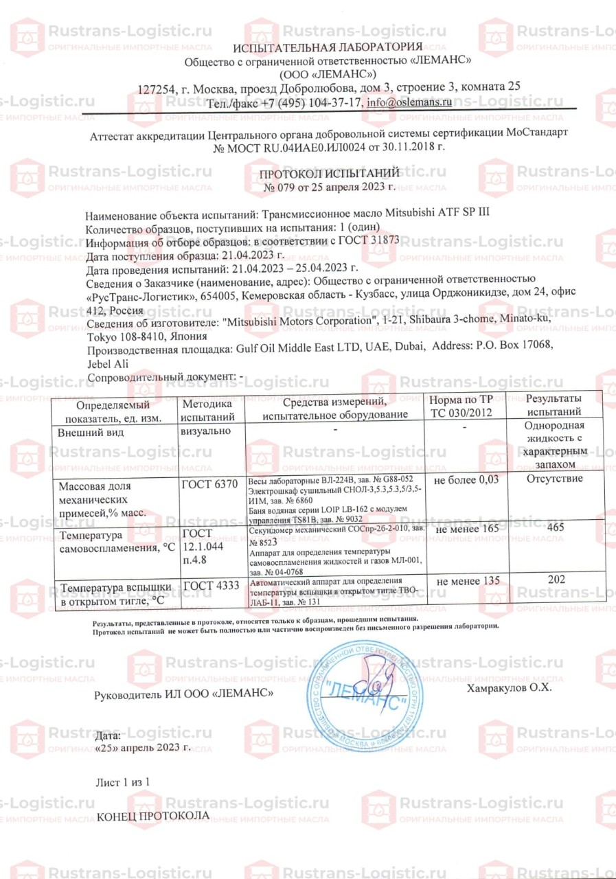 ООО Леманс. г. Москва. Протокол испытаний Mitsubishi ATF lll_page-0001 (1).jpg